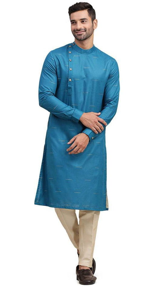 Men's Peacock Blue / Teal Silk Kurta with Gold Dash Stripe Weave & Asymmetric Placket