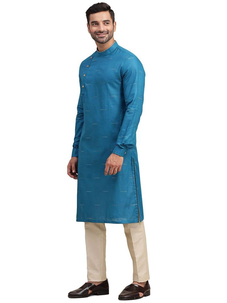 Men's Peacock Blue / Teal Silk Kurta with Gold Dash Stripe Weave & Asymmetric Placket