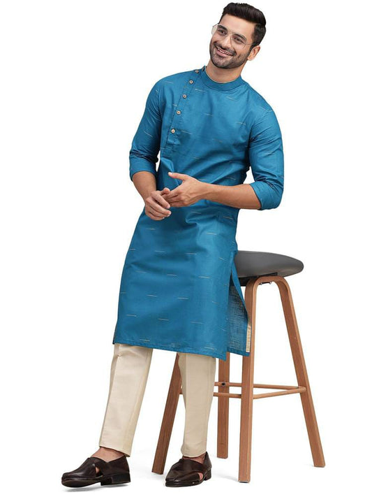 Men's Peacock Blue / Teal Silk Kurta with Gold Dash Stripe Weave & Asymmetric Placket