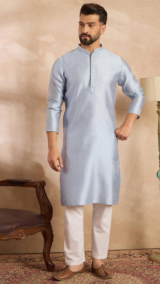 Men's Ice Blue Silk Kurta with Tonal Embroidered Placket & Mandarin Collar