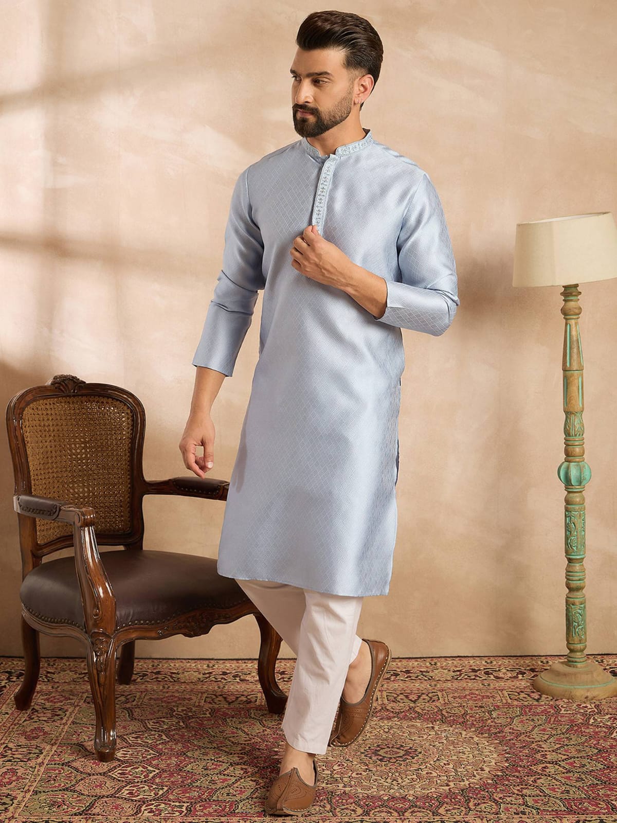 Men's Ice Blue Silk Kurta with Tonal Embroidered Placket & Mandarin Collar