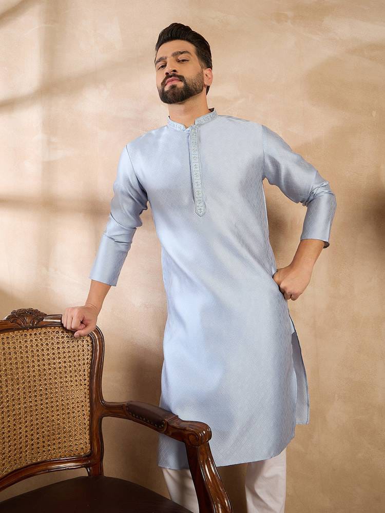 Men's Ice Blue Silk Kurta with Tonal Embroidered Placket & Mandarin Collar