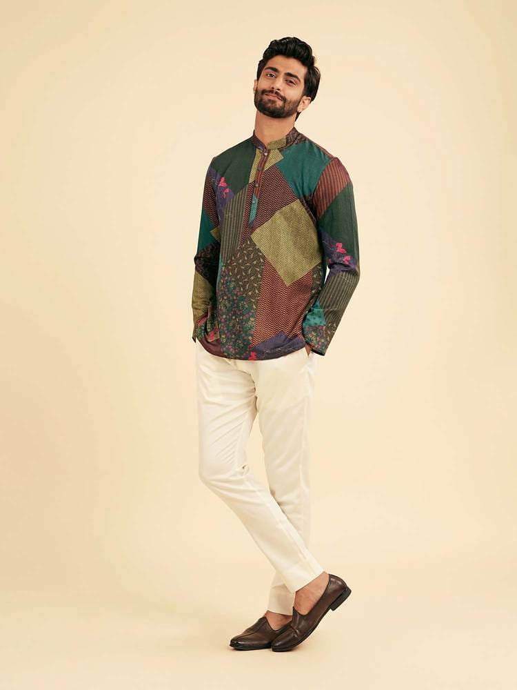 Men's Multicolor Patchwork Printed Cotton Short Kurta
