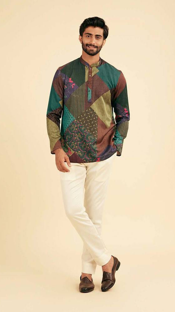 Men's Multicolor Patchwork Printed Cotton Short Kurta