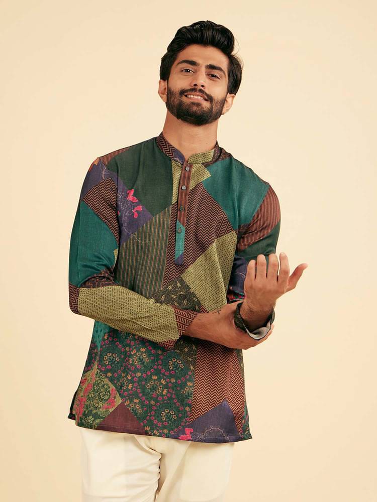 Men's Multicolor Patchwork Printed Cotton Short Kurta