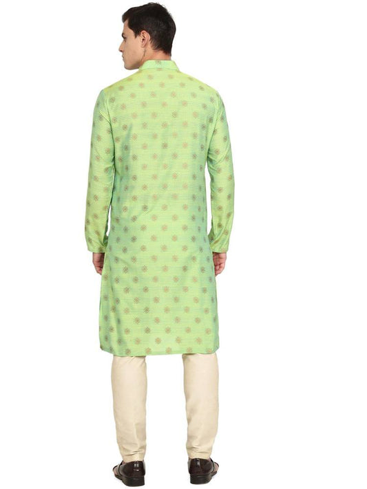 Men's Lime & Pistachio Green Jacquard Silk Straight Kurta with Gold Foil Motifs