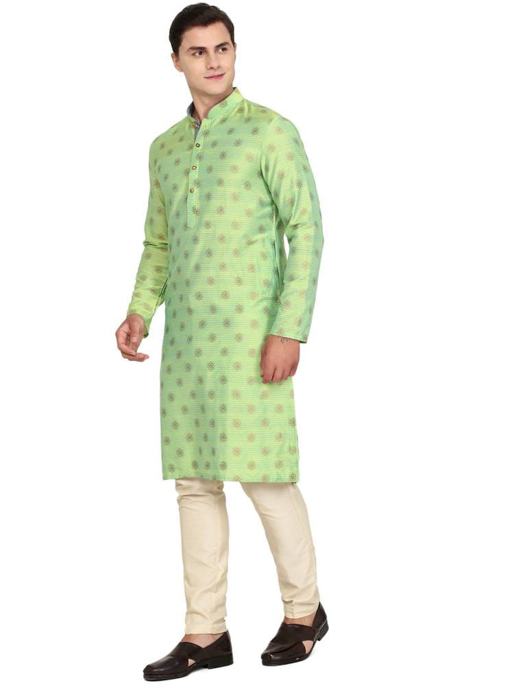 Men's Lime & Pistachio Green Jacquard Silk Straight Kurta with Gold Foil Motifs