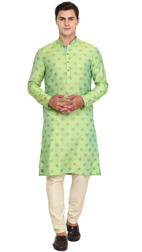 Men's Lime & Pistachio Green Jacquard Silk Straight Kurta with Gold Foil Motifs