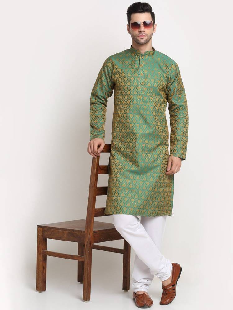 Men's Sea Green & Gold Jacquard Woven Silk Brocade Straight Kurta