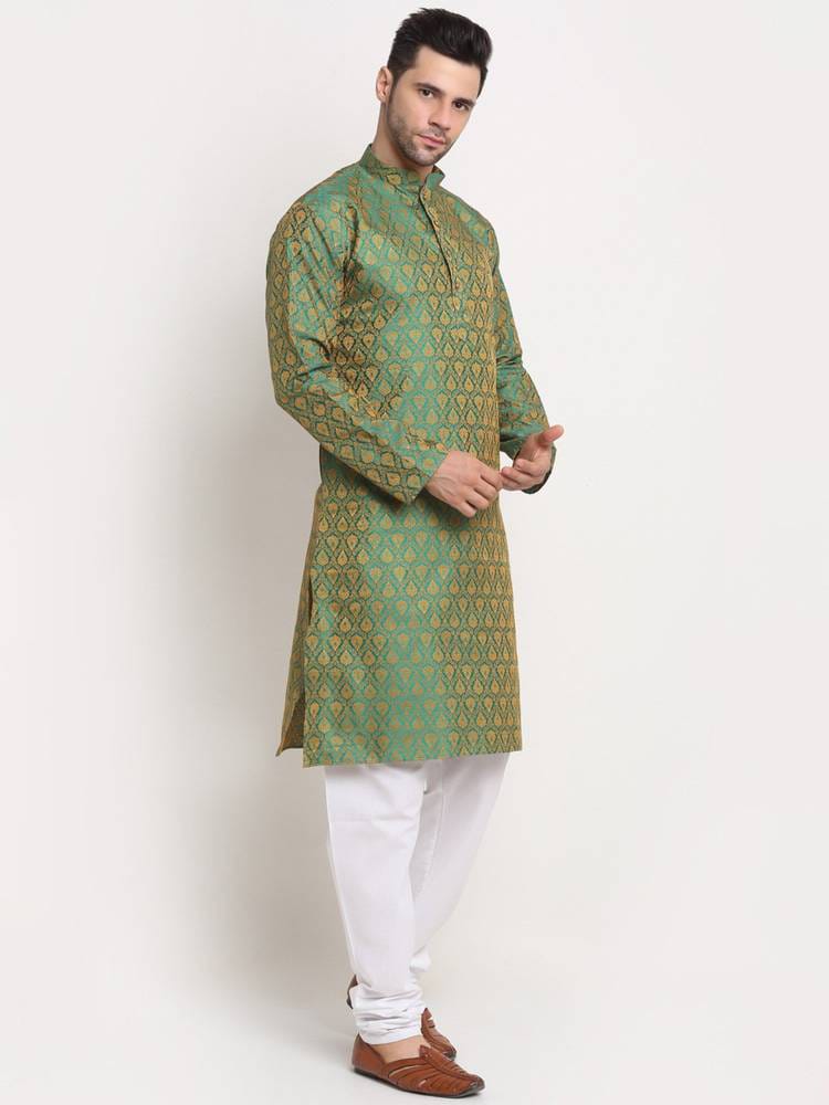 Men's Sea Green & Gold Jacquard Woven Silk Brocade Straight Kurta
