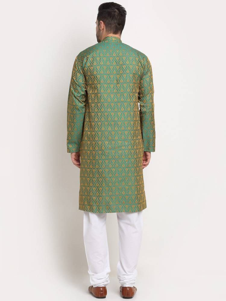 Men's Sea Green & Gold Jacquard Woven Silk Brocade Straight Kurta