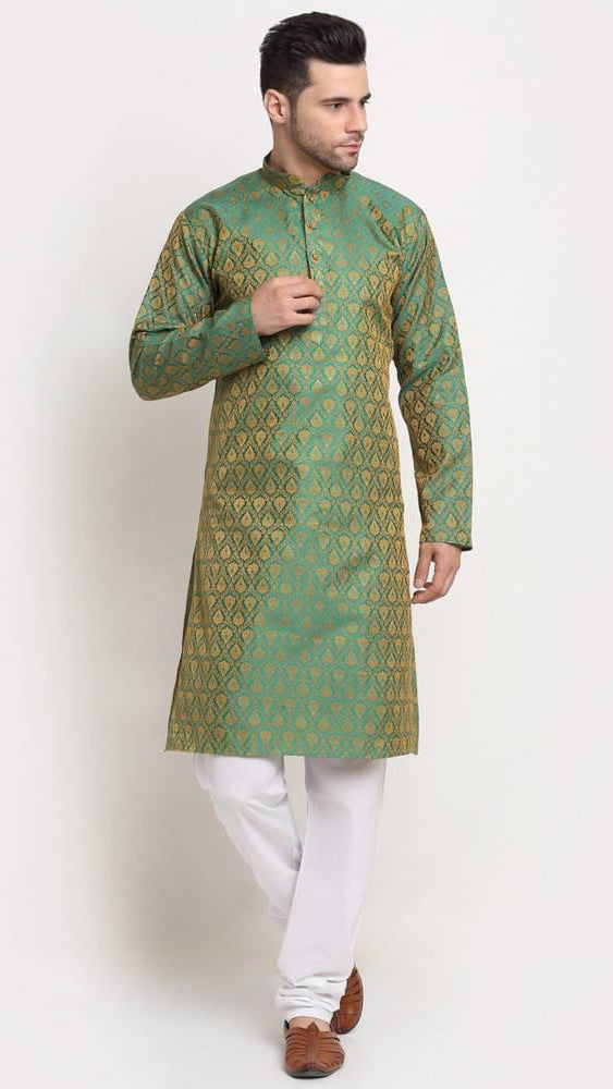 Men's Sea Green & Gold Jacquard Woven Silk Brocade Straight Kurta