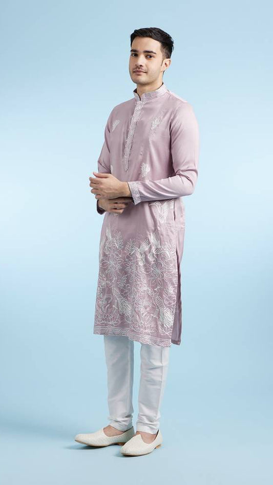 Men's Mauve Pink Silk Embroidered Straight Kurta with Hummingbird & Floral Hem Motifs