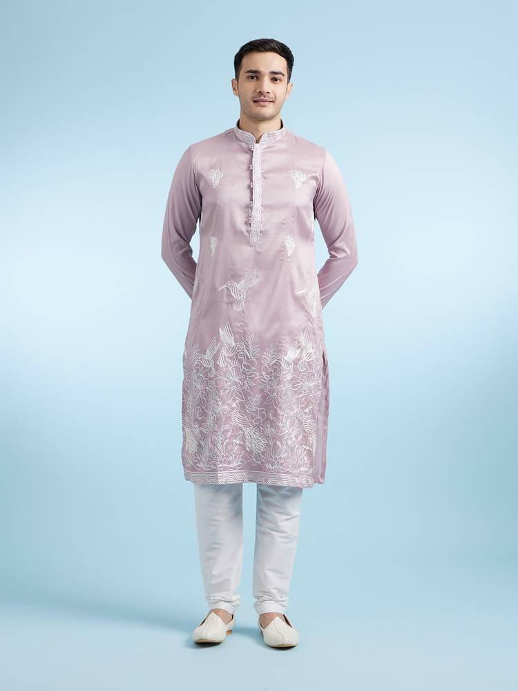 Men's Mauve Pink Silk Embroidered Straight Kurta with Hummingbird & Floral Hem Motifs
