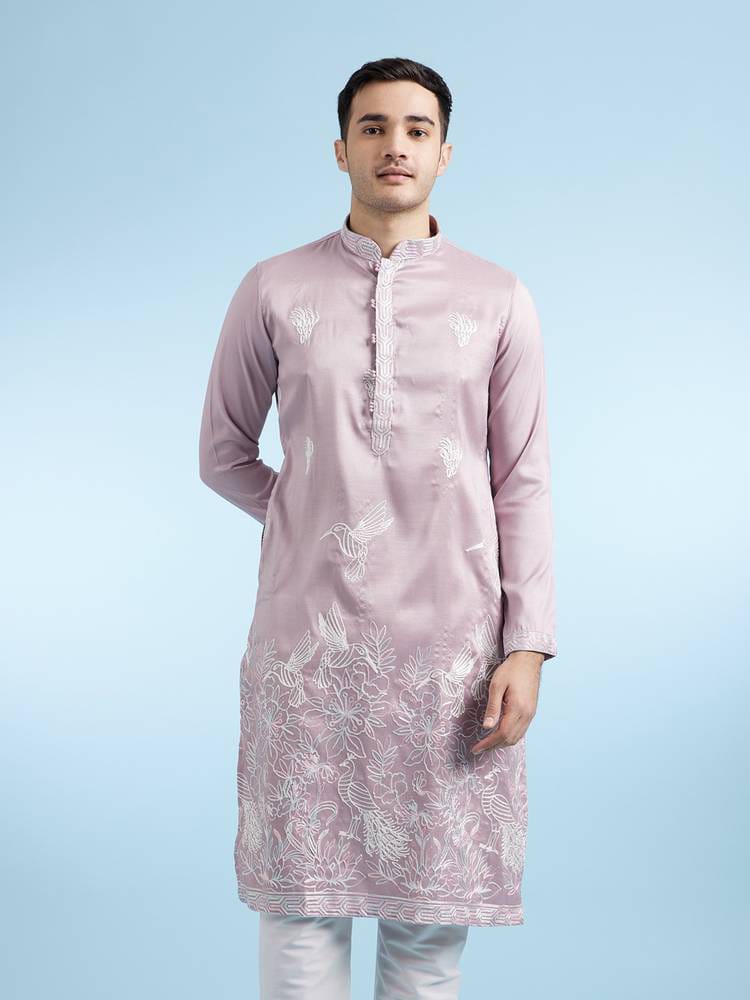 Men's Mauve Pink Silk Embroidered Straight Kurta with Hummingbird & Floral Hem Motifs