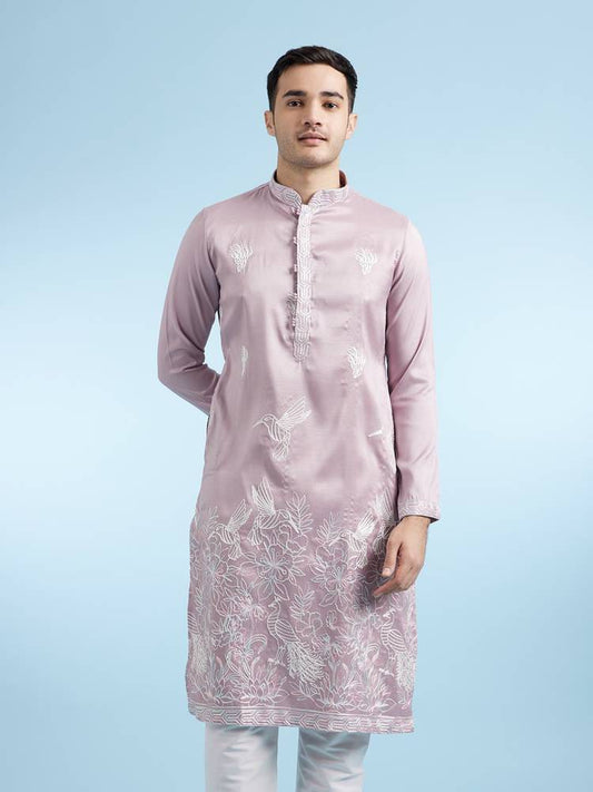 Men's Mauve Pink Silk Embroidered Straight Kurta with Hummingbird & Floral Hem Motifs