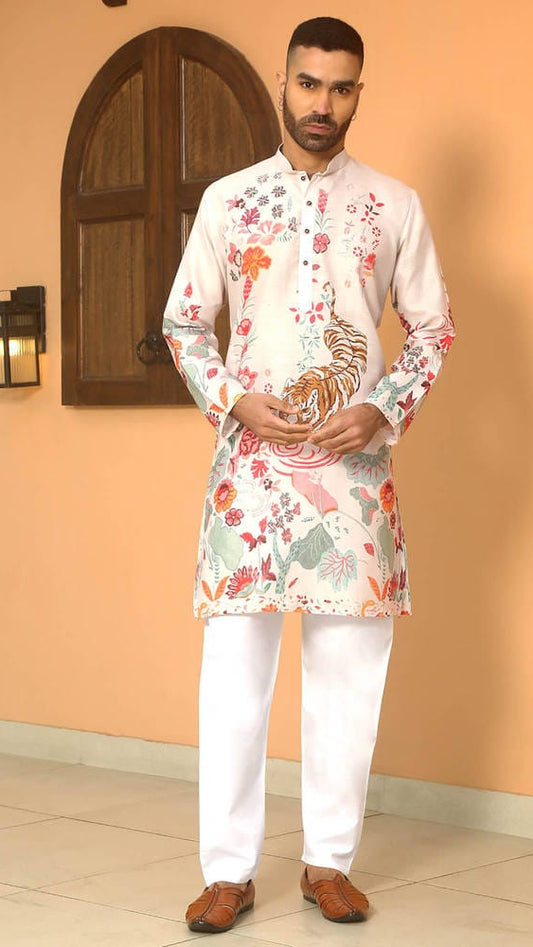 Men's Off-White Designer Digital Printed Silk Kurta with Royal Bengal Tiger & Botanical Motifs