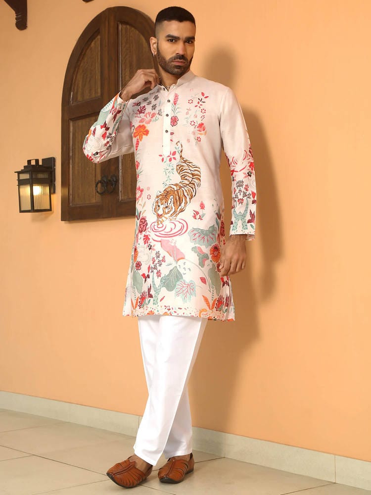 Men's Off-White Designer Digital Printed Silk Kurta with Royal Bengal Tiger & Botanical Motifs