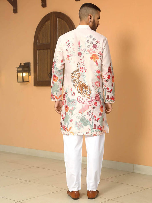 Men's Off-White Designer Digital Printed Silk Kurta with Royal Bengal Tiger & Botanical Motifs