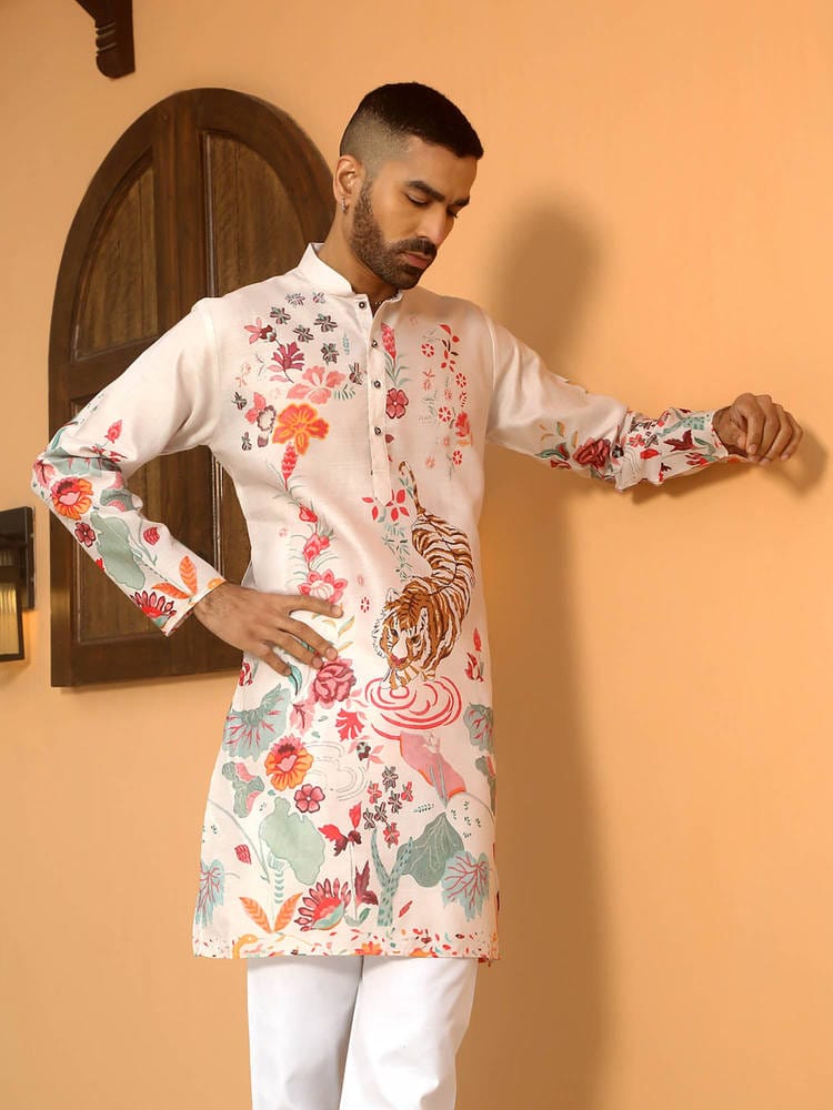 Men's Off-White Designer Digital Printed Silk Kurta with Royal Bengal Tiger & Botanical Motifs