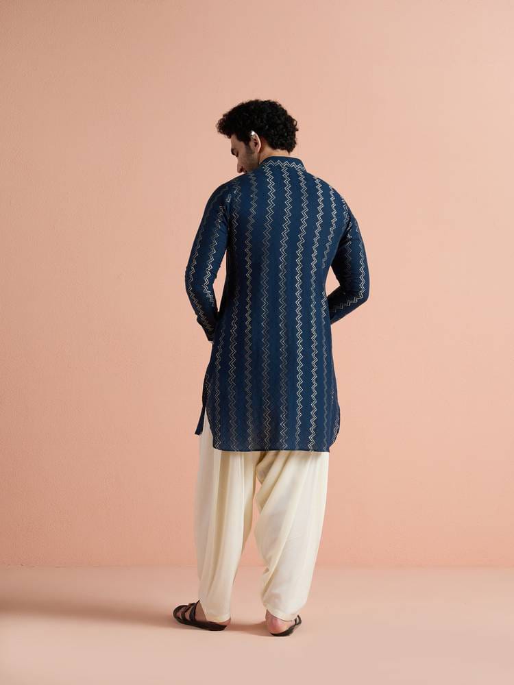 Men's Navy Blue & Gold Foil Zig-Zag Striped Short Silk Kurta