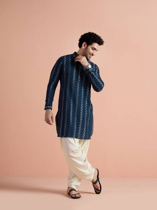 Men's Navy Blue & Gold Foil Zig-Zag Striped Short Silk Kurta