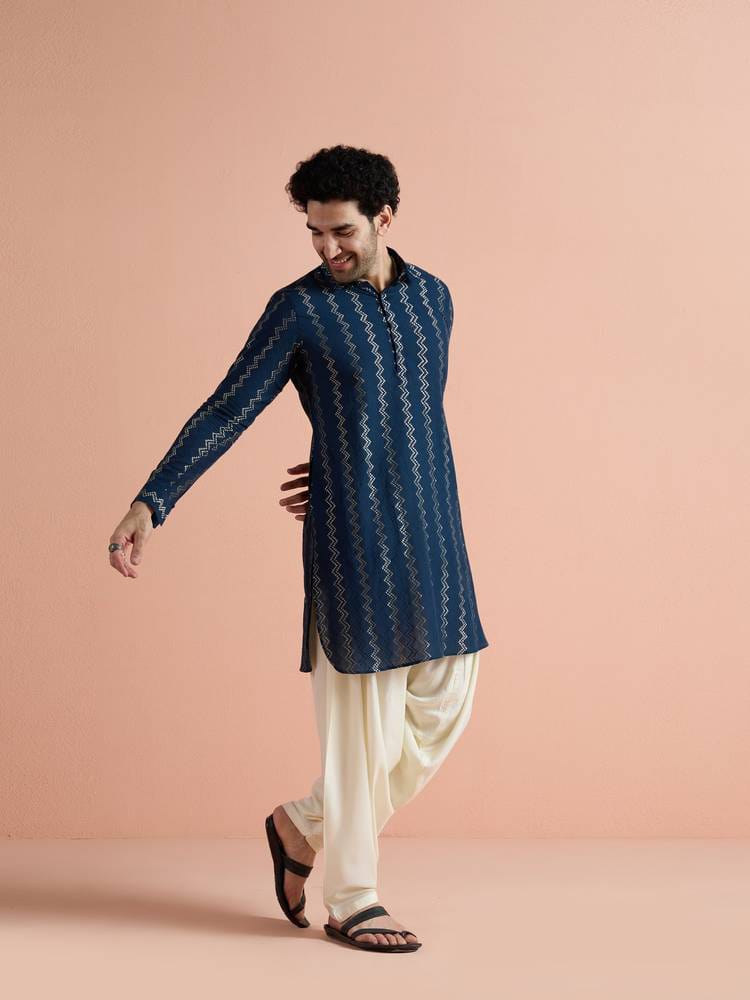 Men's Navy Blue & Gold Foil Zig-Zag Striped Short Silk Kurta