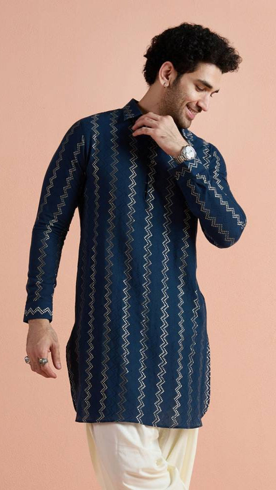 Men's Navy Blue & Gold Foil Zig-Zag Striped Short Silk Kurta