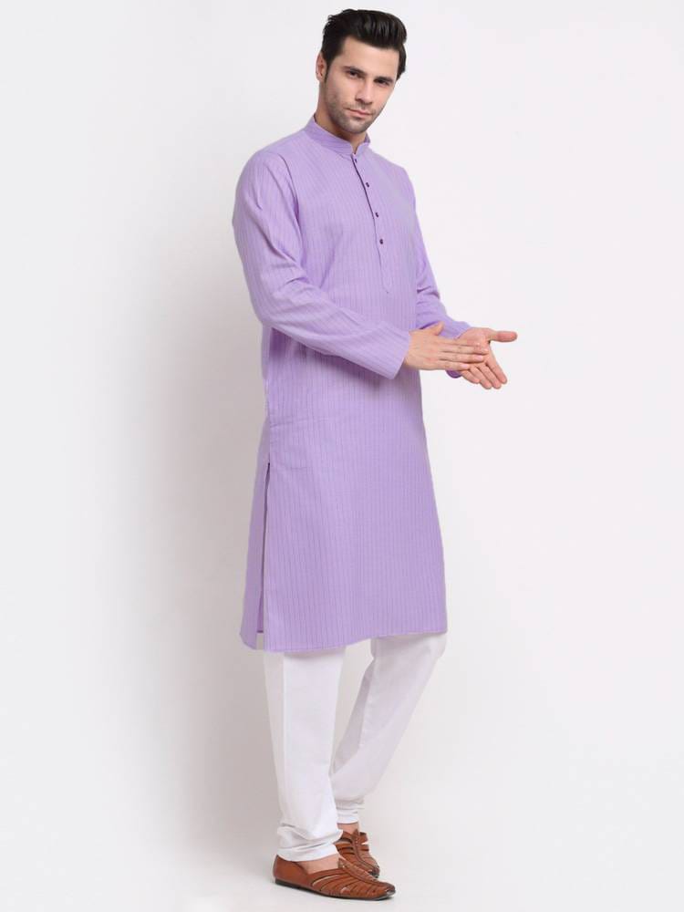 Men’s Soft Lavender Striped Cotton Long Kurta with White Churidar Pyjama Set