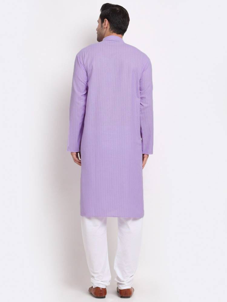 Men’s Soft Lavender Striped Cotton Long Kurta with White Churidar Pyjama Set