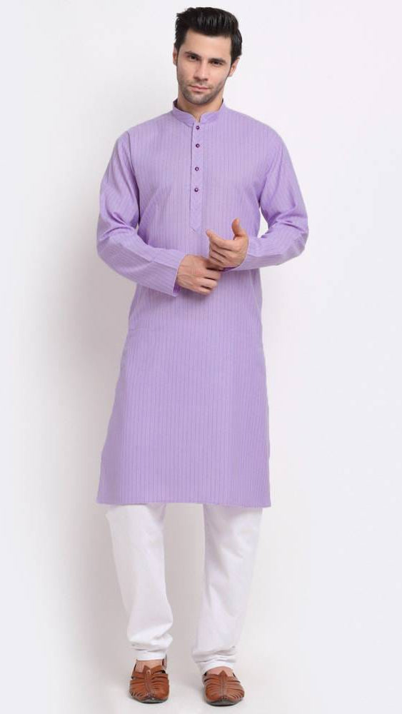 Men’s Soft Lavender Striped Cotton Long Kurta with White Churidar Pyjama Set
