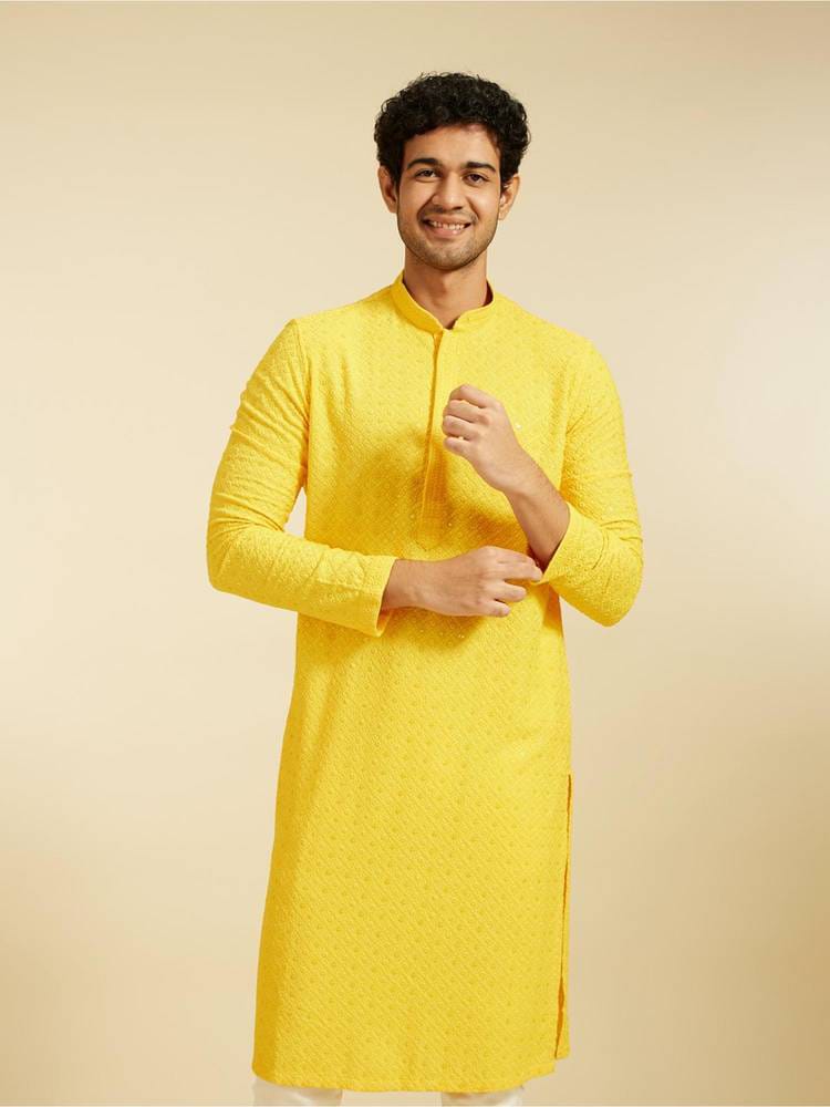 Men’s Bright Yellow Lucknowi Chikankari Embroidered Cotton Kurta