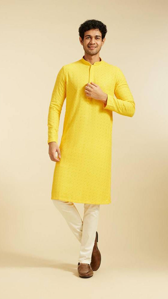 Men’s Bright Yellow Lucknowi Chikankari Embroidered Cotton Kurta