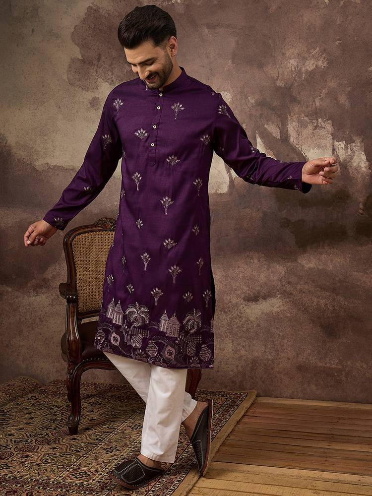 Men’s Royal Deep Purple Embroidered Silk Blend Kurta with Pyjama Set