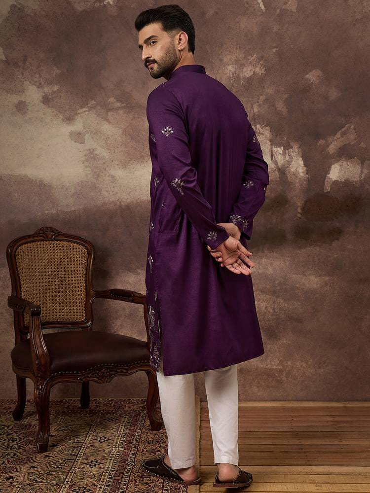 Men’s Royal Deep Purple Embroidered Silk Blend Kurta with Pyjama Set