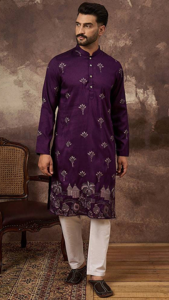 Men’s Royal Deep Purple Embroidered Silk Blend Kurta with Pyjama Set