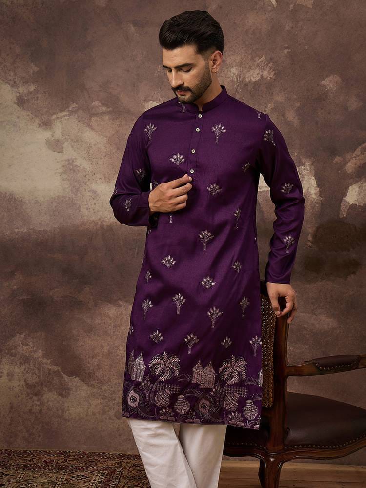 Men’s Royal Deep Purple Embroidered Silk Blend Kurta with Pyjama Set