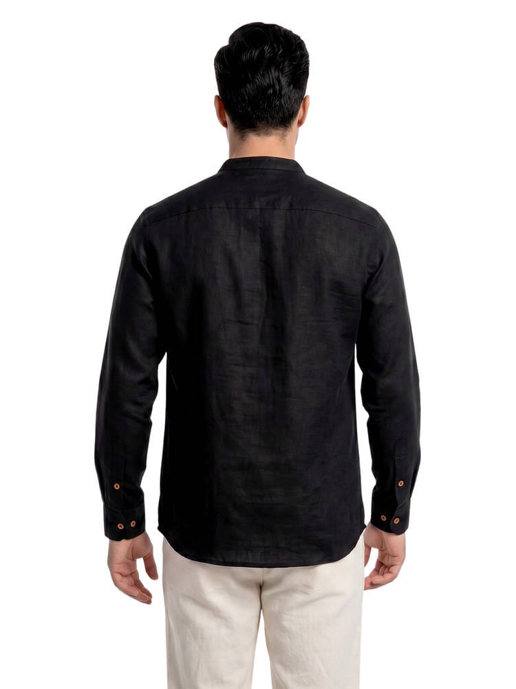 Men’s Solid Black Linen Mandarin Collar Short Kurta / Casual Shirt