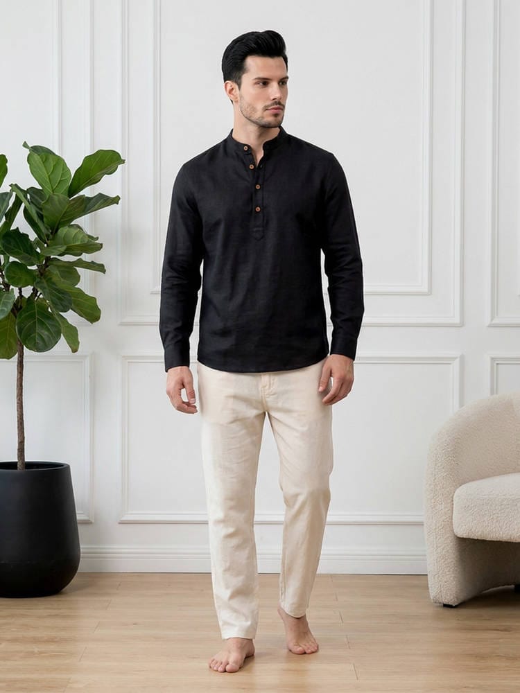 Men’s Solid Black Linen Mandarin Collar Short Kurta / Casual Shirt
