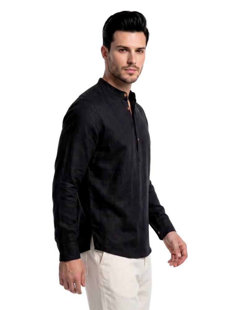 Men’s Solid Black Linen Mandarin Collar Short Kurta / Casual Shirt