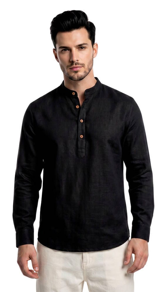 Men’s Solid Black Linen Mandarin Collar Short Kurta / Casual Shirt