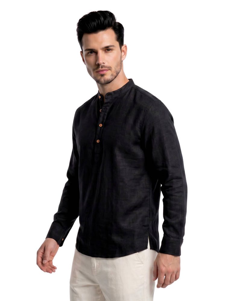 Men’s Solid Black Linen Mandarin Collar Short Kurta / Casual Shirt