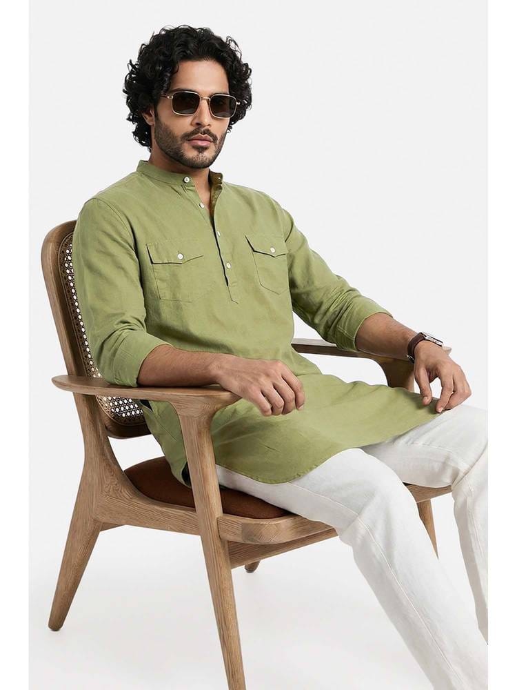 Men’s Sage Green Cotton-Linen Pathani Style Kurta with Dual Flap Pockets