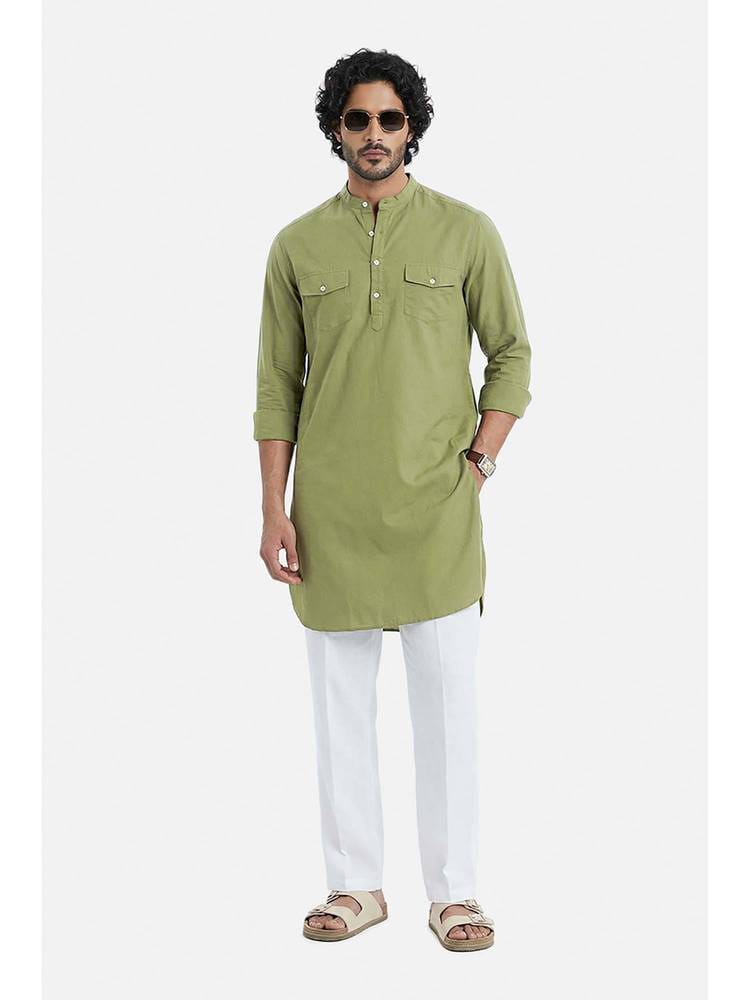 Men’s Sage Green Cotton-Linen Pathani Style Kurta with Dual Flap Pockets