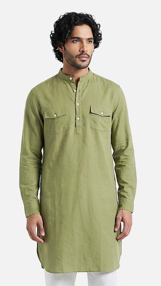 Men’s Sage Green Cotton-Linen Pathani Style Kurta with Dual Flap Pockets
