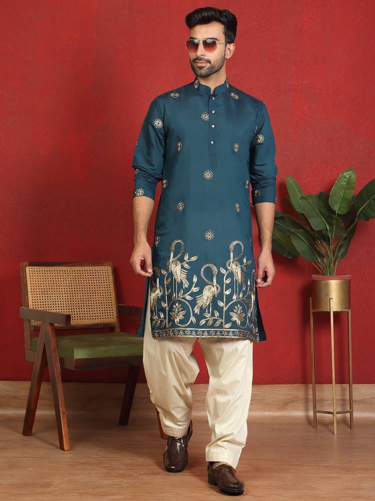 Men’s Teal Blue Embroidered Silk Kurta with Crane Motif Hem & Pyjama Set