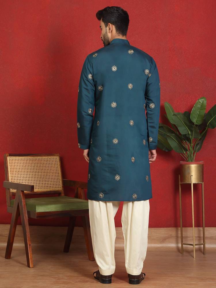 Men’s Teal Blue Embroidered Silk Kurta with Crane Motif Hem & Pyjama Set