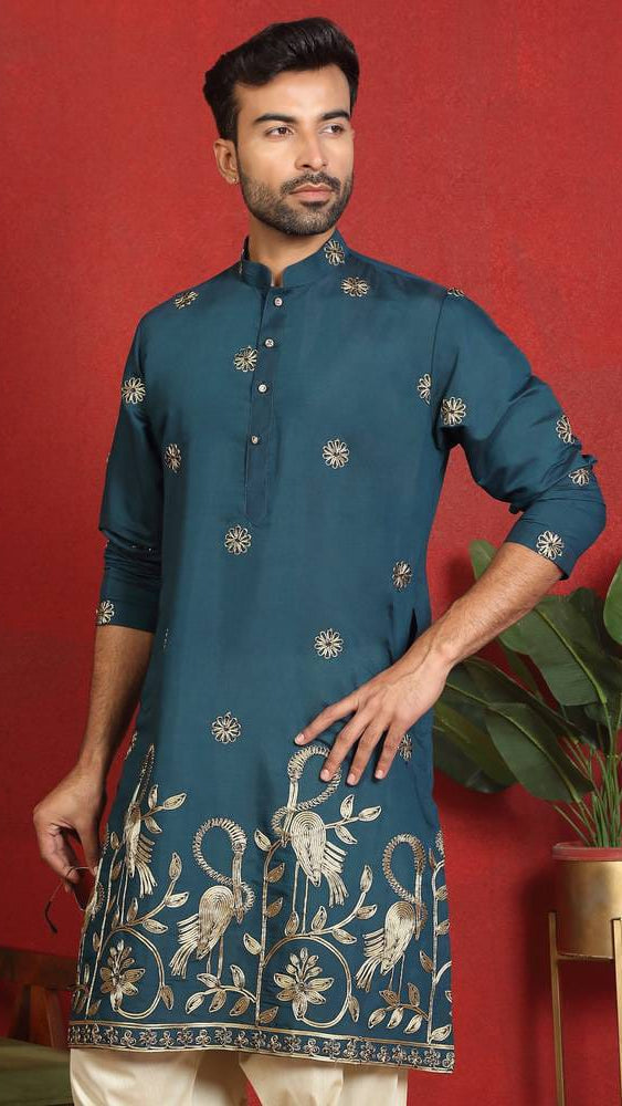 Men’s Teal Blue Embroidered Silk Kurta with Crane Motif Hem & Pyjama Set