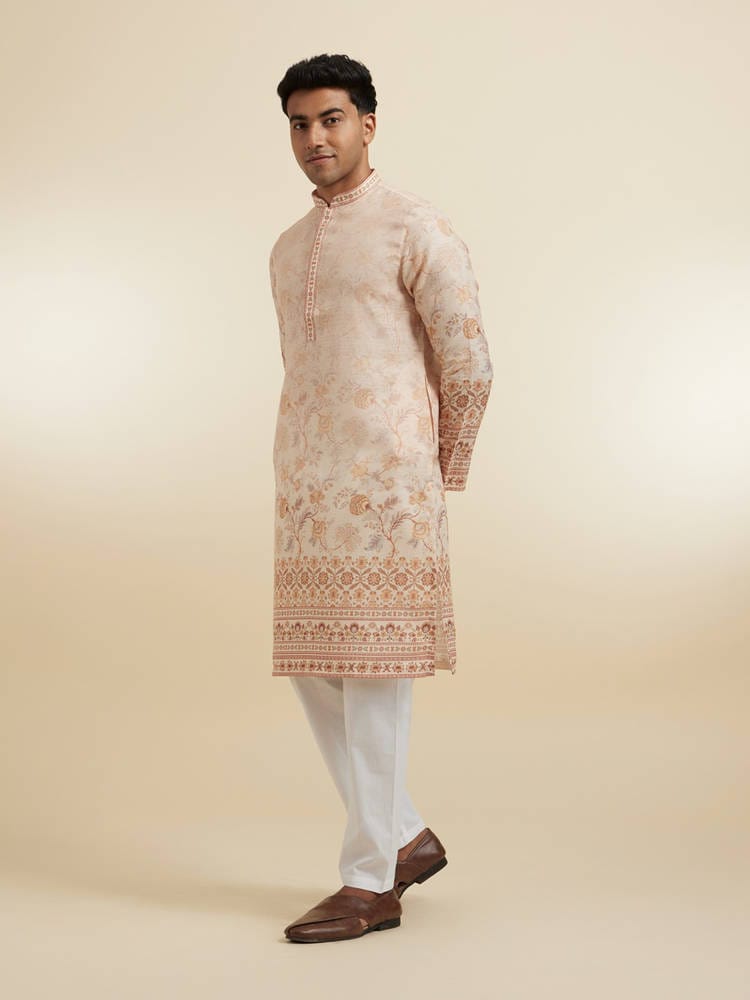 Men’s Beige Floral Printed Chanderi Silk Kurta with Printed Hem & Cuff Border