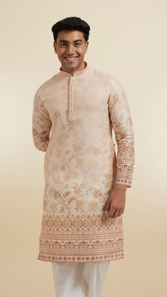 Men’s Beige Floral Printed Chanderi Silk Kurta with Printed Hem & Cuff Border